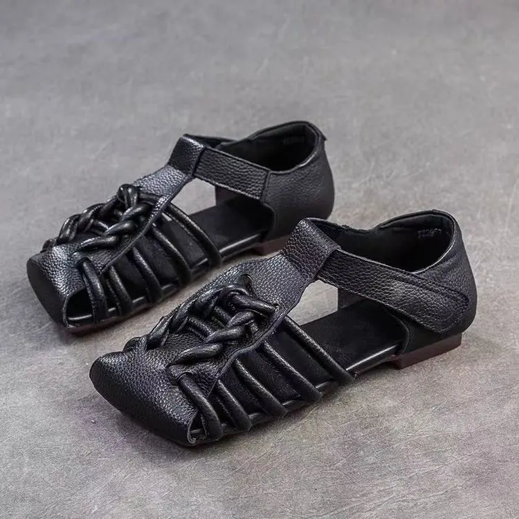 Designer Leather Sandals Women Handmade Woven Literary Style Hollow Flat Roman Sandals Comfortable Ladies Summer Shoes Sandalias