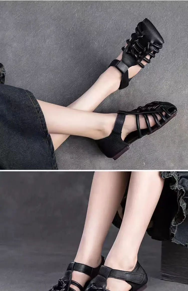 Designer Leather Sandals Women Handmade Woven Literary Style Hollow Flat Roman Sandals Comfortable Ladies Summer Shoes Sandalias