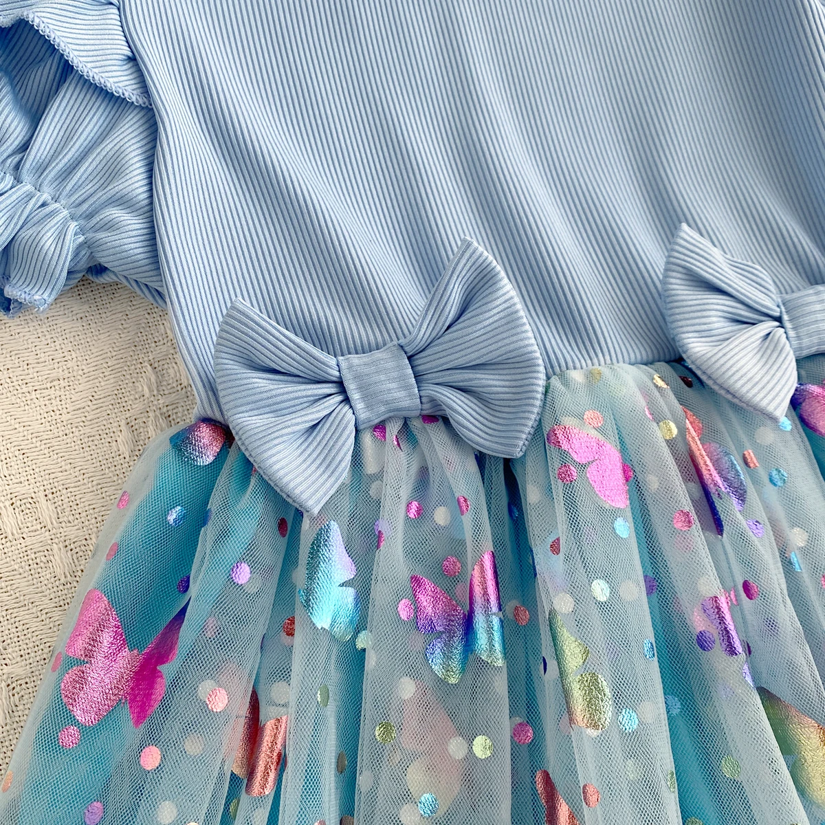 Round Neck Princess Dress Summer Knitted Patchwork Colored Butterfly Mesh Bubble Seeve Dress Girls Clothes