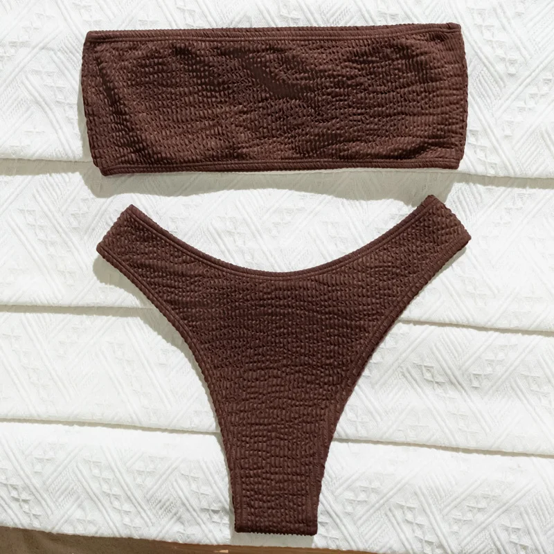 Sexy Ribbed Coffee Bandeau Bikinis Sets Two Pieces High Waist Thong Swimsuit Bathing Suit Swimwear Biquini Bakini Trikini