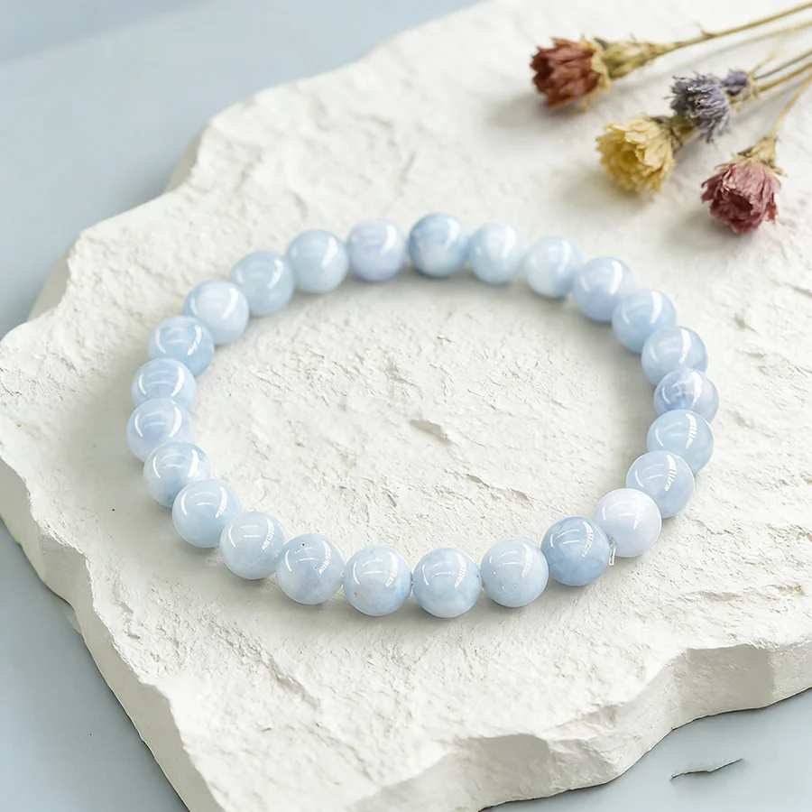 5A Natural Stone Aquamarine Blue Chalcedony Beads Bracelets Women Original Reiki Healing Round Stone Strand Bangles Friend Gift