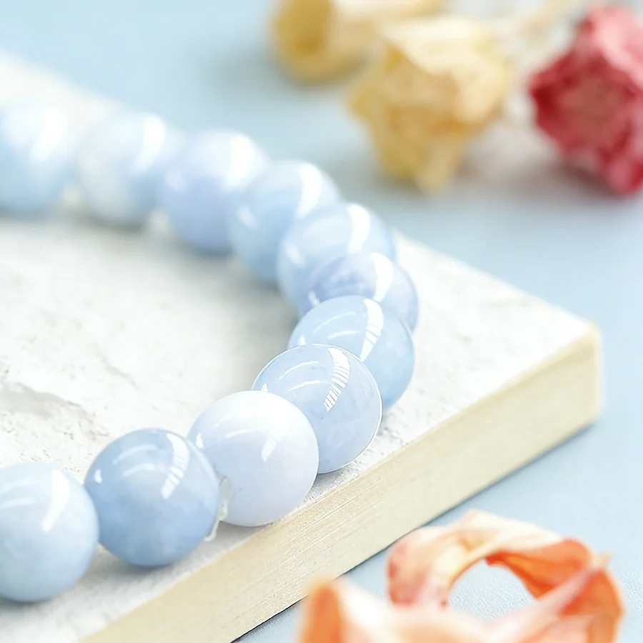 5A Natural Stone Aquamarine Blue Chalcedony Beads Bracelets Women Original Reiki Healing Round Stone Strand Bangles Friend Gift