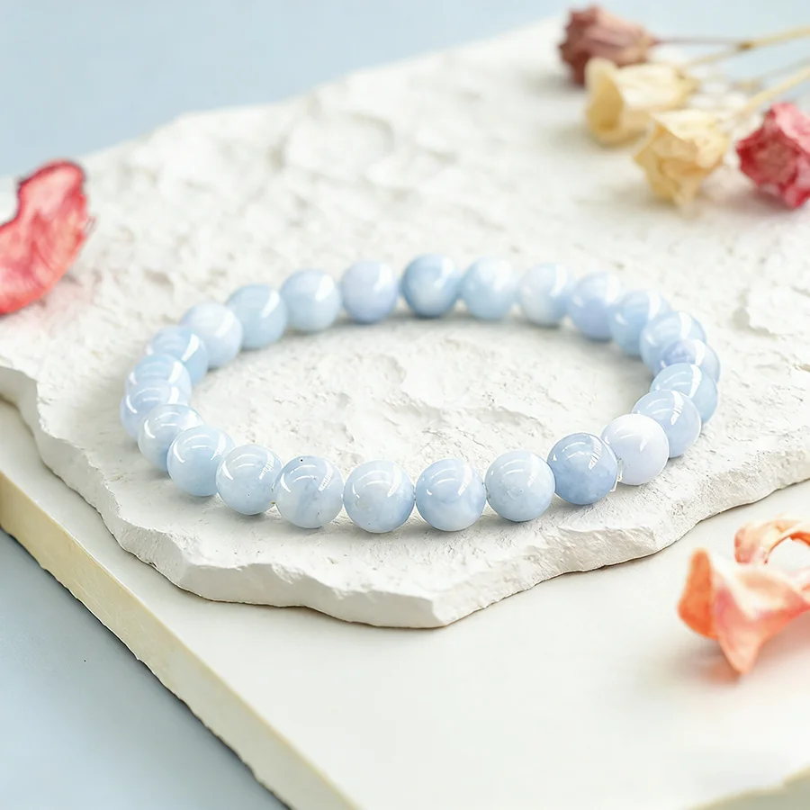 5A Natural Stone Aquamarine Blue Chalcedony Beads Bracelets Women Original Reiki Healing Round Stone Strand Bangles Friend Gift