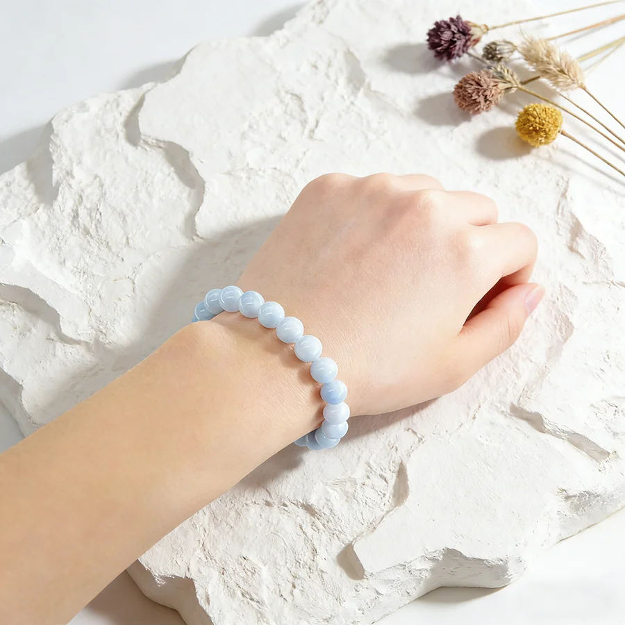 5A Natural Stone Aquamarine Blue Chalcedony Beads Bracelets Women Original Reiki Healing Round Stone Strand Bangles Friend Gift