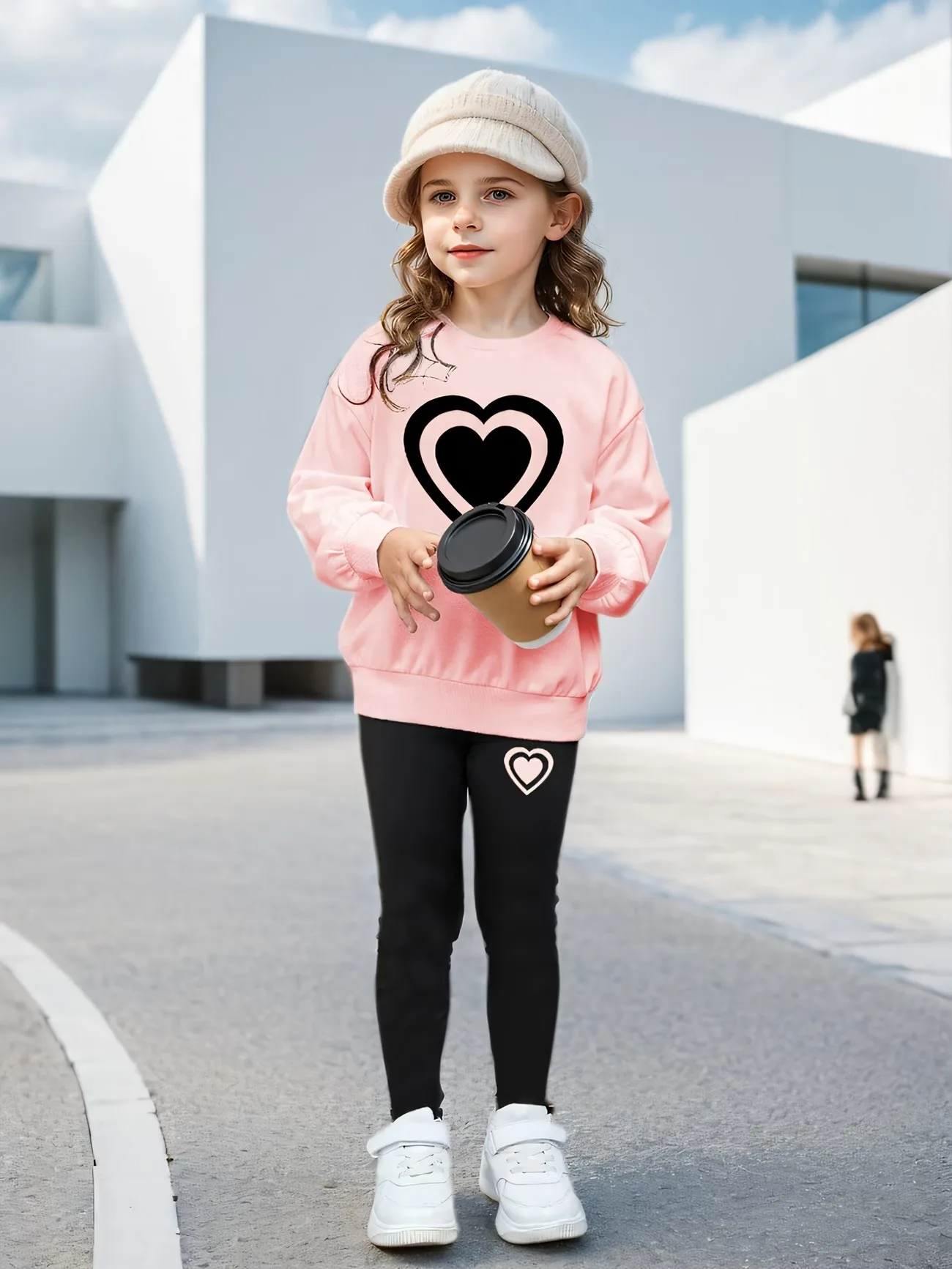 Fashion Girls 2 Pack Heart Graphic Sweatshirt Set Black Crewneck Top & Leggings Street Style Clothing