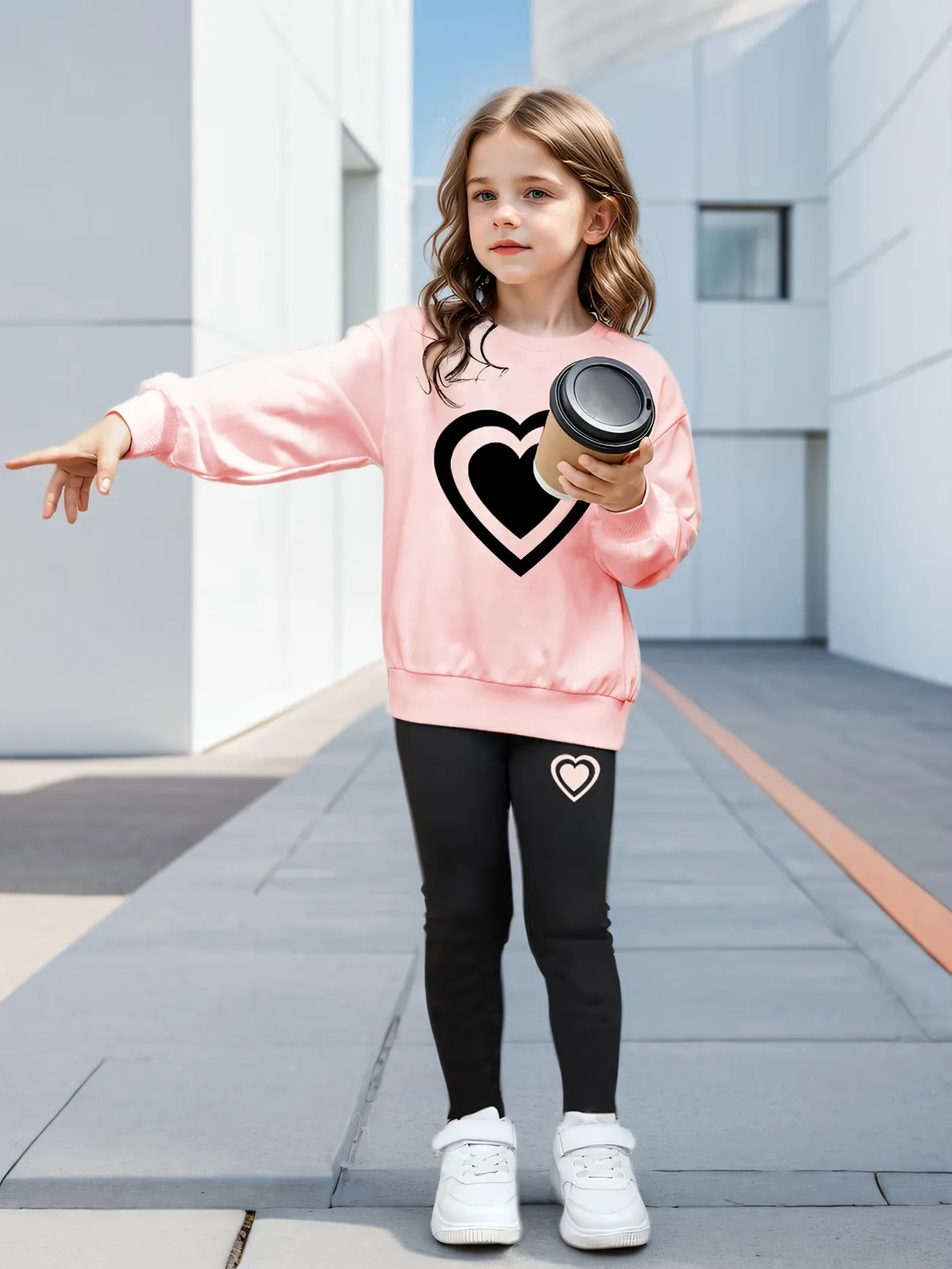 Fashion Girls 2 Pack Heart Graphic Sweatshirt Set Black Crewneck Top & Leggings Street Style Clothing