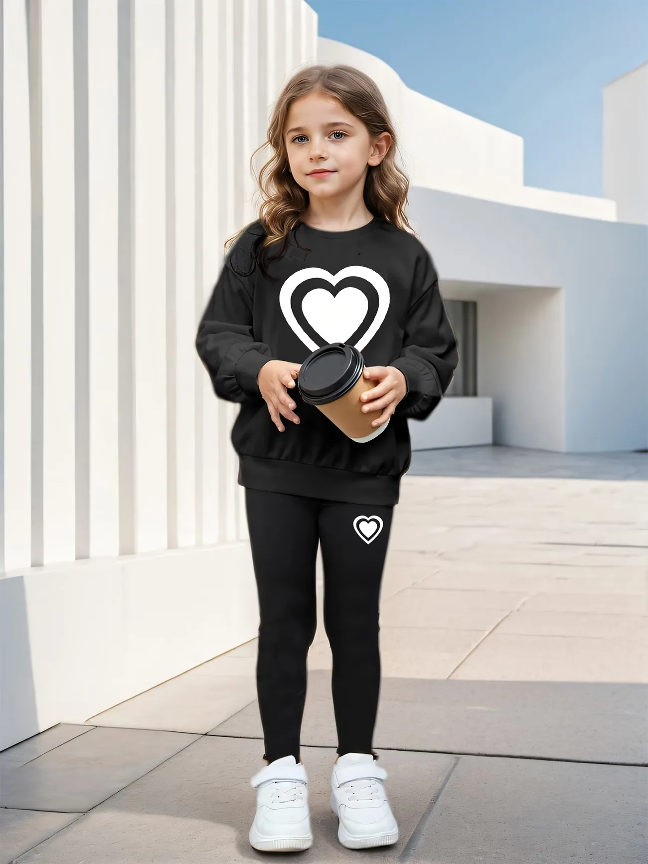 Fashion Girls 2 Pack Heart Graphic Sweatshirt Set Black Crewneck Top & Leggings Street Style Clothing