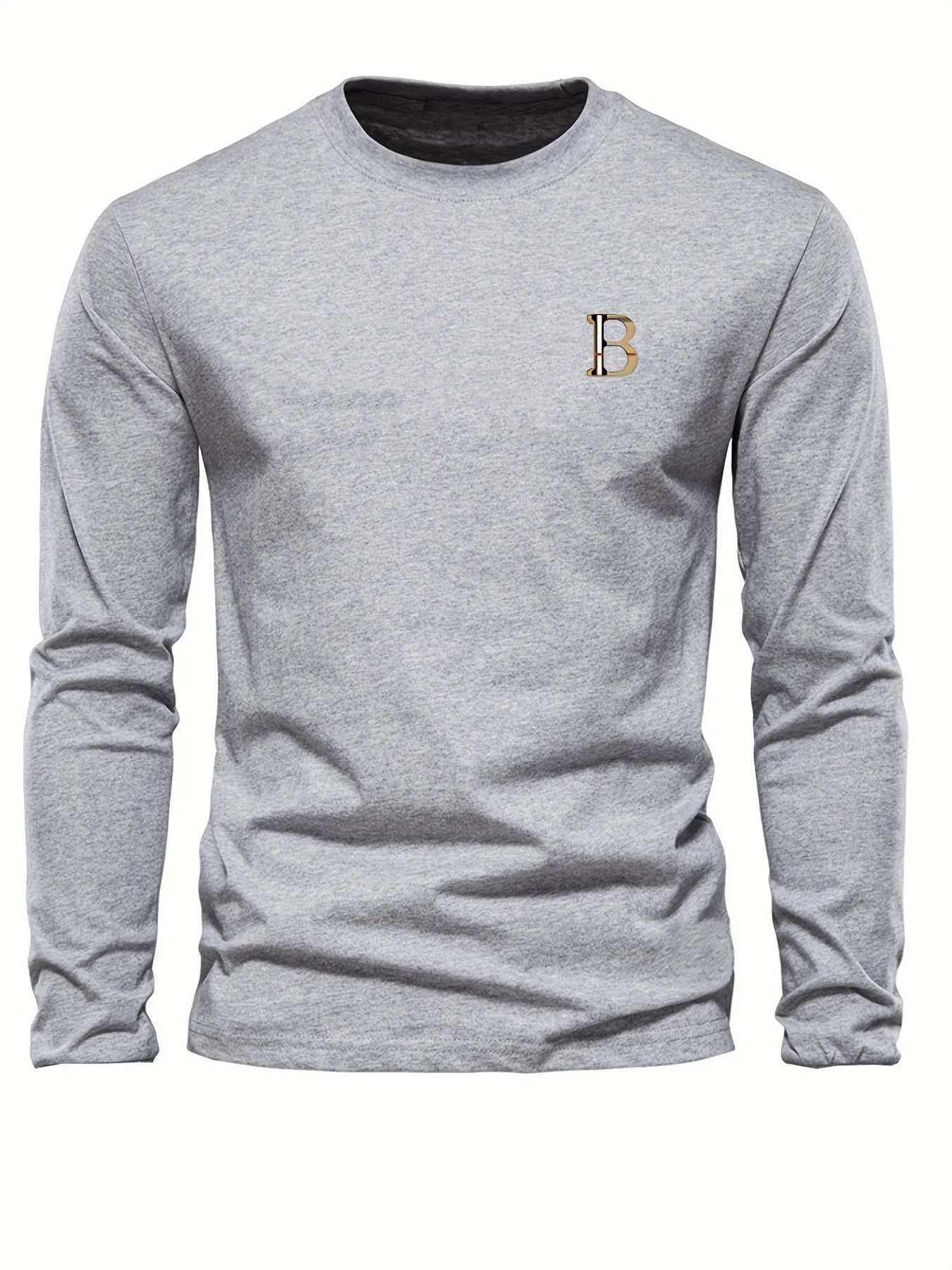 Men's 100% Pure Cotton Loose and Fashionable Letter Pattern Printed Sports and Leisure Round Neck Long Sleeved T-Shirt