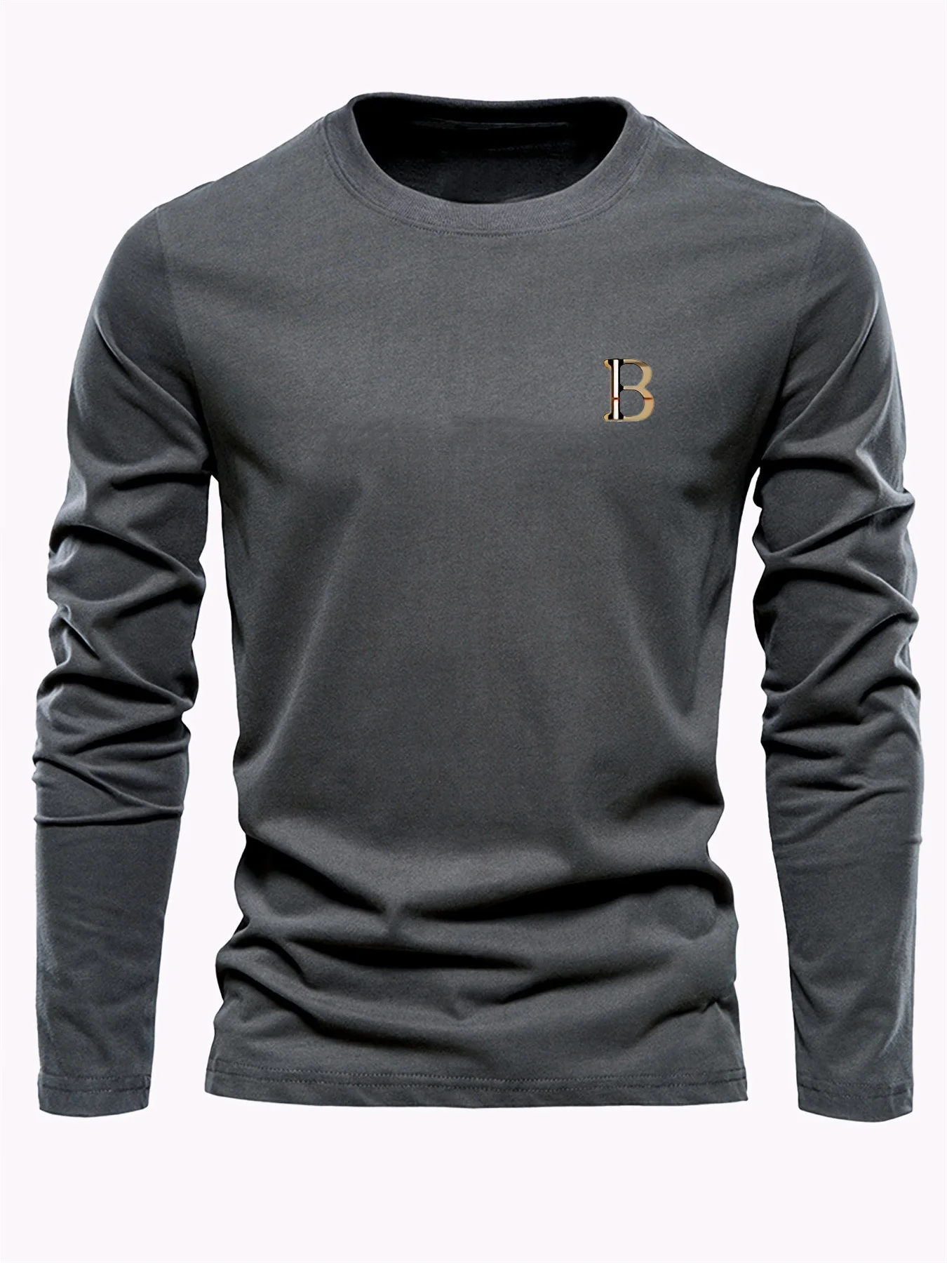 Men's 100% Pure Cotton Loose and Fashionable Letter Pattern Printed Sports and Leisure Round Neck Long Sleeved T-Shirt