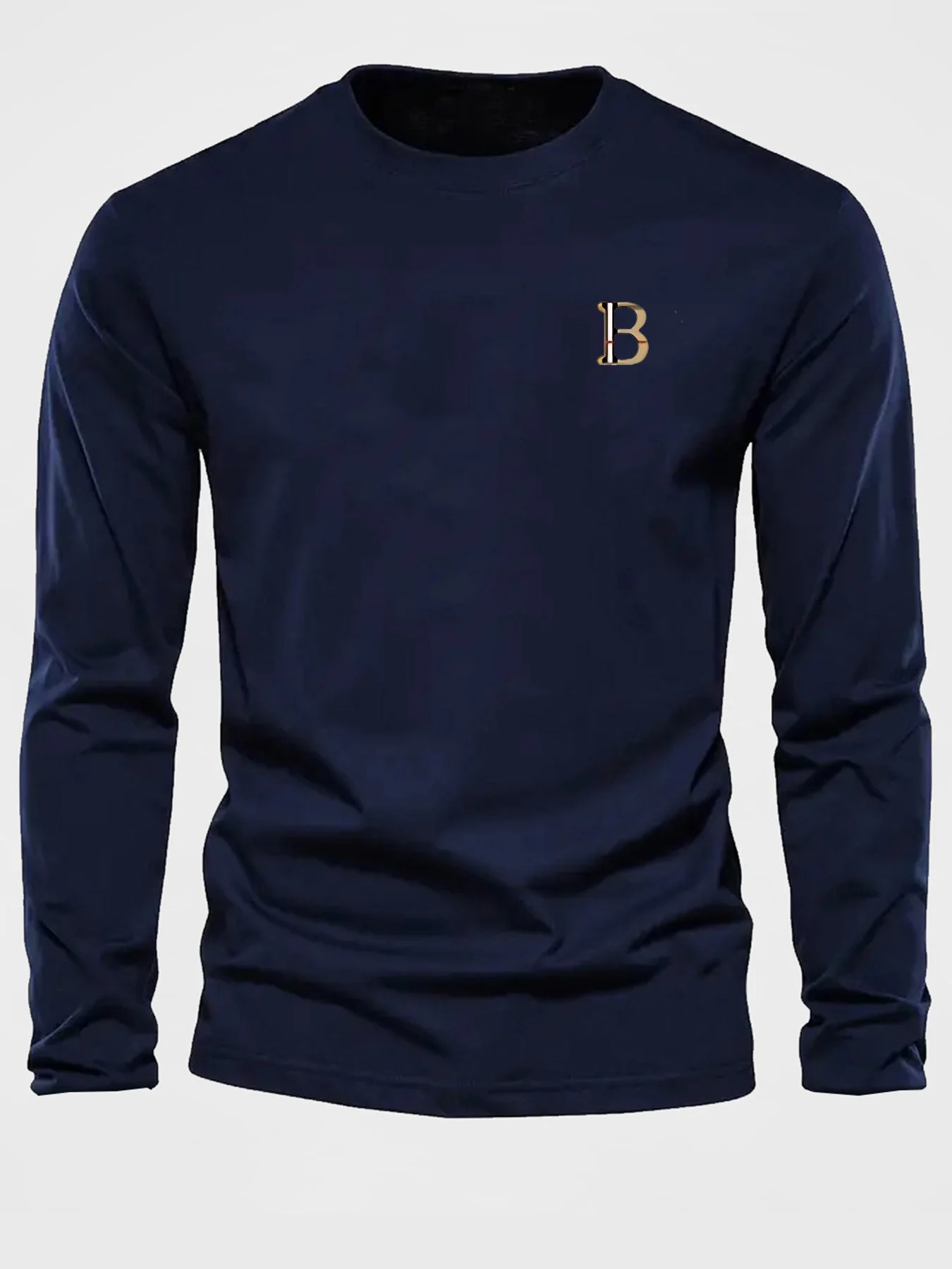 Men's 100% Pure Cotton Loose and Fashionable Letter Pattern Printed Sports and Leisure Round Neck Long Sleeved T-Shirt