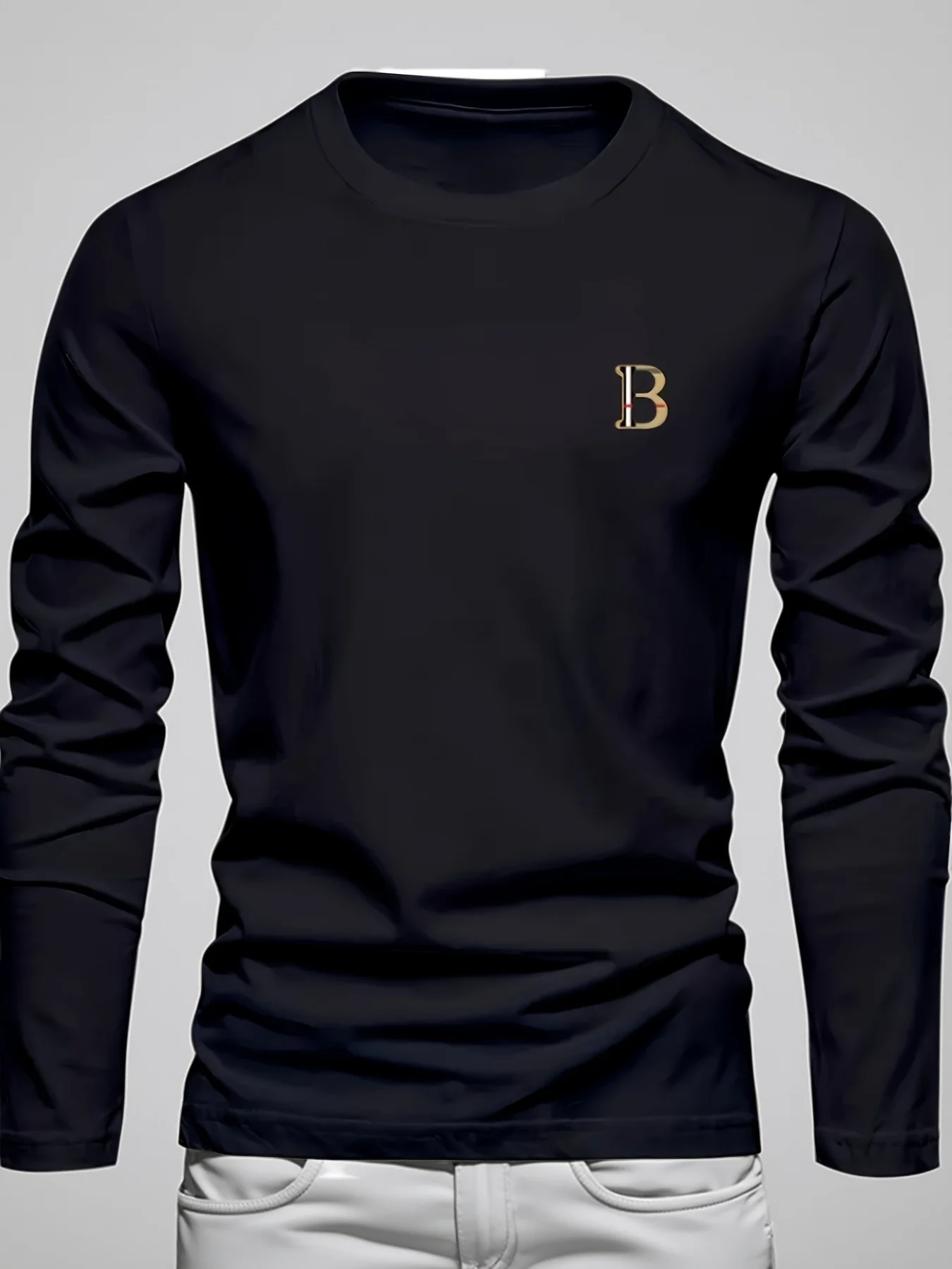 Men's 100% Pure Cotton Loose and Fashionable Letter Pattern Printed Sports and Leisure Round Neck Long Sleeved T-Shirt