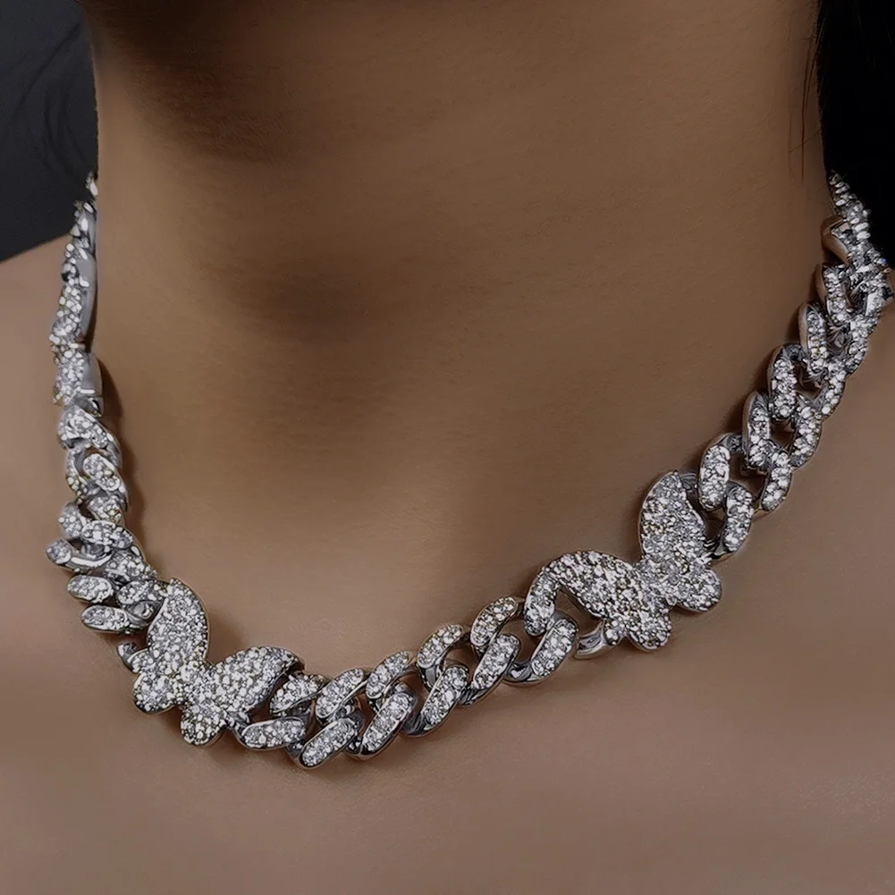 Hip Hop Butterfly Cuban Link Chain Necklace for Men Women, Iced Out Rhinestone Miami Chain, Unisex Bling Jewelry Gift