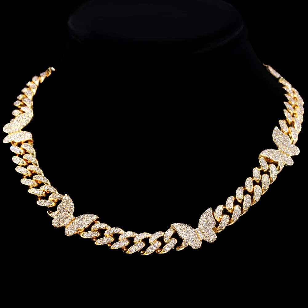 Hip Hop Butterfly Cuban Link Chain Necklace for Men Women, Iced Out Rhinestone Miami Chain, Unisex Bling Jewelry Gift
