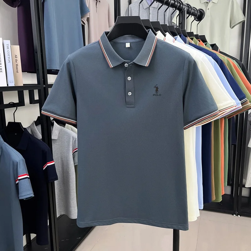 High end brand men's polo shirt embroidered short sleeved summer new cool and comfortable casual top fashionable striped T-shirt