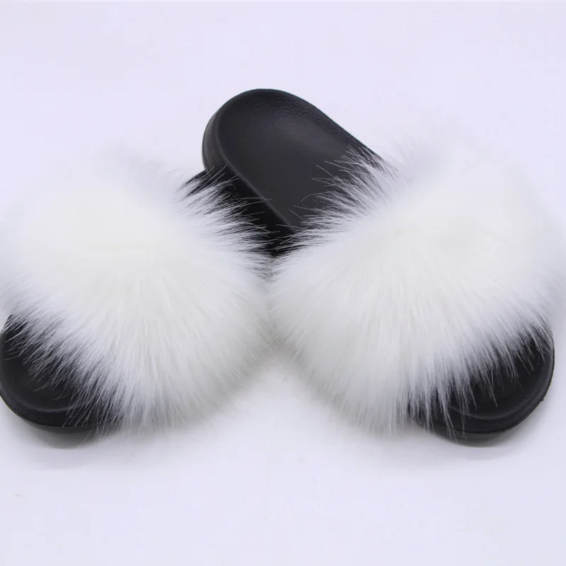 Women's Faux Fox Fur Slides Fluffy Open Toe Slippers Indoor Outdoor Casual Flat Sandals Luxury Furry Slide Shoes for Ladies