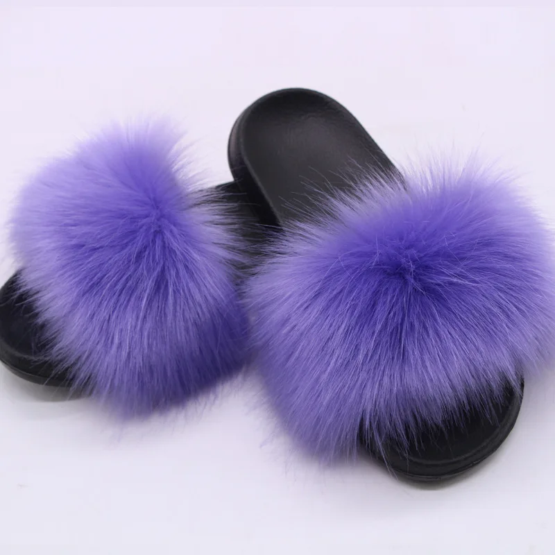 Women's Faux Fox Fur Slides Fluffy Open Toe Slippers Indoor Outdoor Casual Flat Sandals Luxury Furry Slide Shoes for Ladies