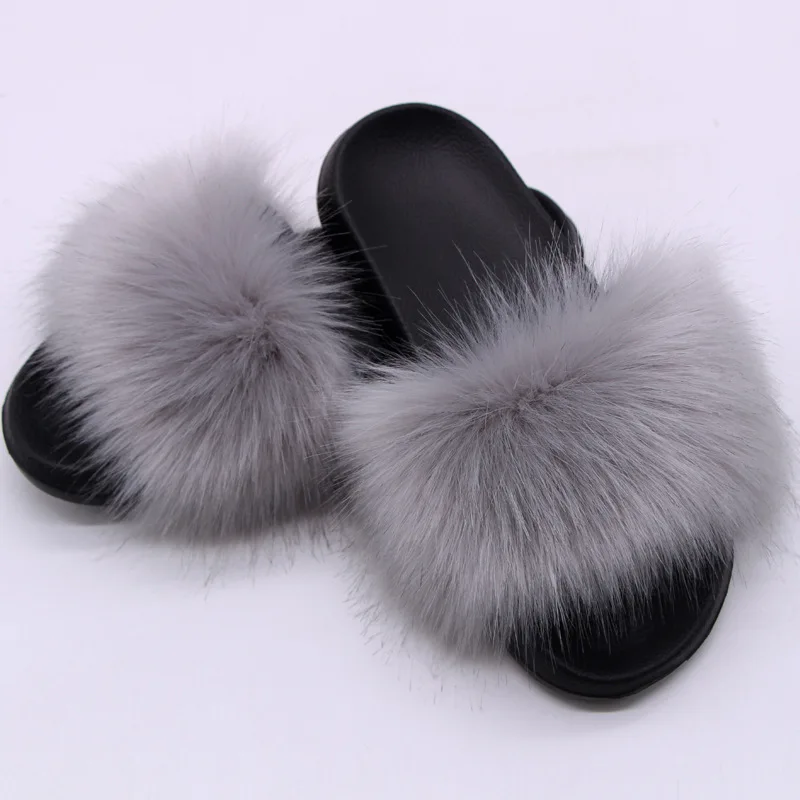 Women's Faux Fox Fur Slides Fluffy Open Toe Slippers Indoor Outdoor Casual Flat Sandals Luxury Furry Slide Shoes for Ladies