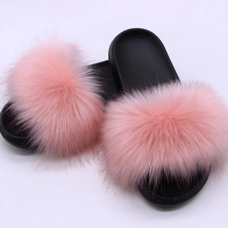 Women's Faux Fox Fur Slides Fluffy Open Toe Slippers Indoor Outdoor Casual Flat Sandals Luxury Furry Slide Shoes for Ladies