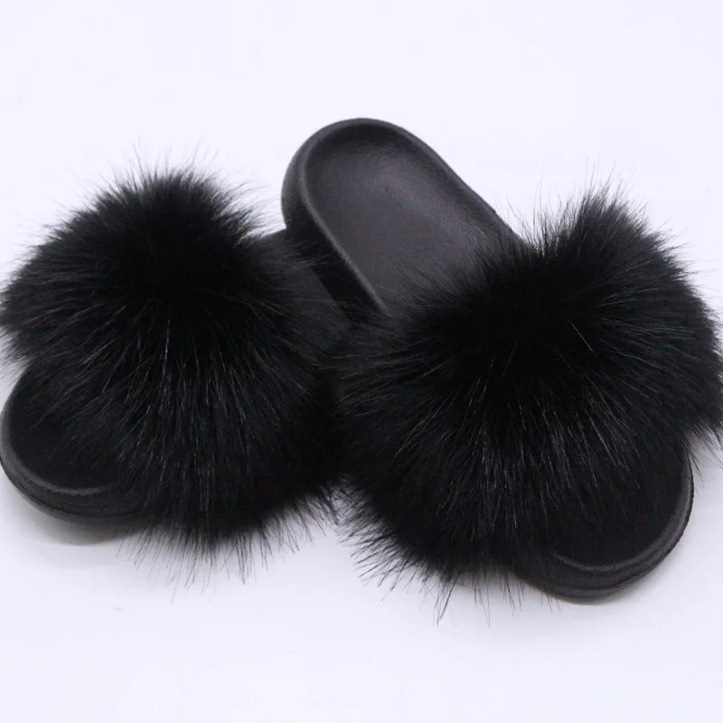 Women's Faux Fox Fur Slides Fluffy Open Toe Slippers Indoor Outdoor Casual Flat Sandals Luxury Furry Slide Shoes for Ladies