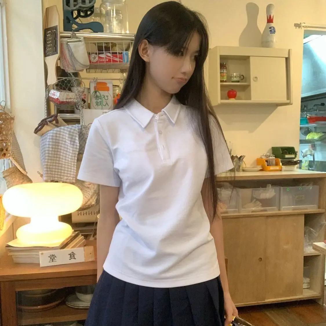 Summer Women's Polo Shirt Short Sleeve Skinny Slim Solid Japanese Preppy Style Uniform Tshirt White Basic Button Casual Top Tees