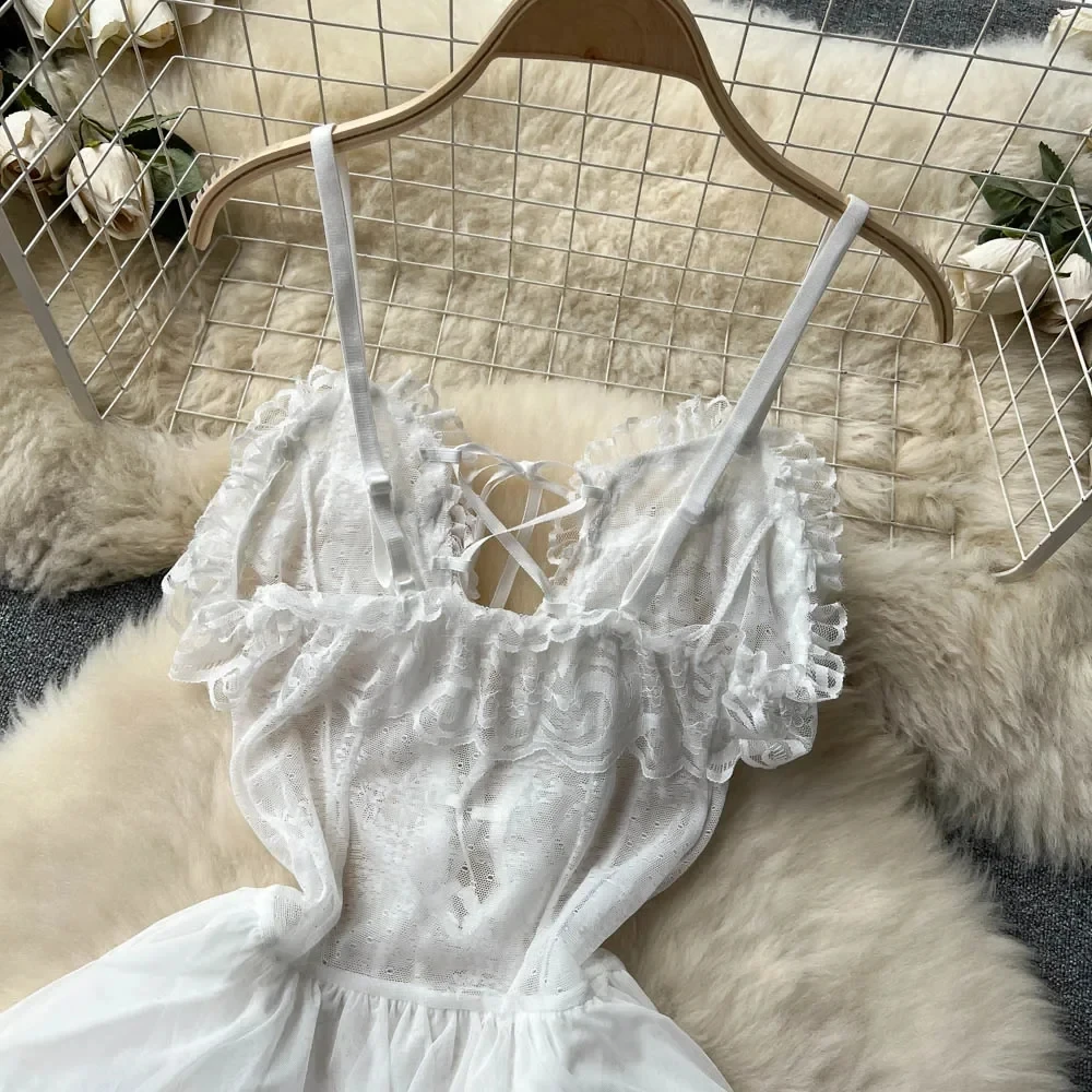 Ruffles Sweet Cake Lace Dress Women Strap Lace Up Backless Mesh Sexy Fashion Party Mini Comfortable Dress