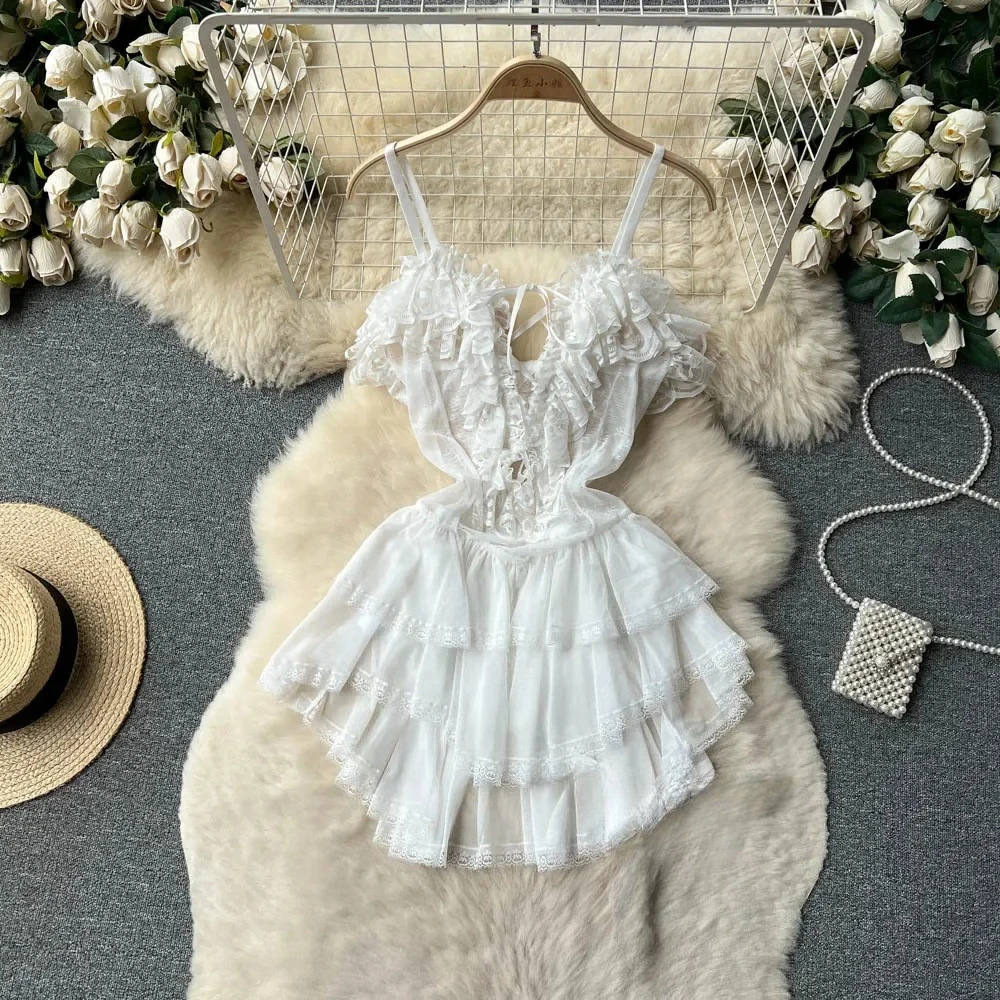Ruffles Sweet Cake Lace Dress Women Strap Lace Up Backless Mesh Sexy Fashion Party Mini Comfortable Dress