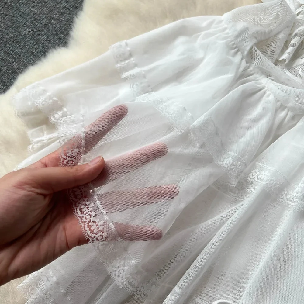 Ruffles Sweet Cake Lace Dress Women Strap Lace Up Backless Mesh Sexy Fashion Party Mini Comfortable Dress