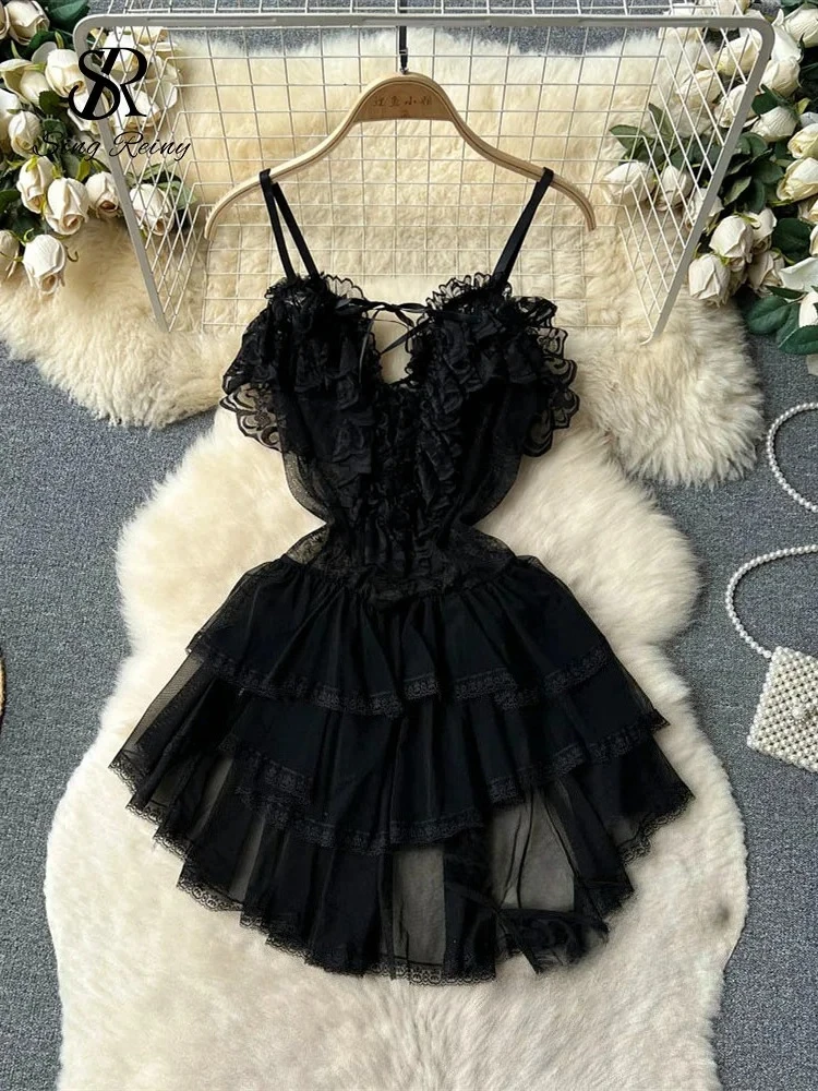 Ruffles Sweet Cake Lace Dress Women Strap Lace Up Backless Mesh Sexy Fashion Party Mini Comfortable Dress