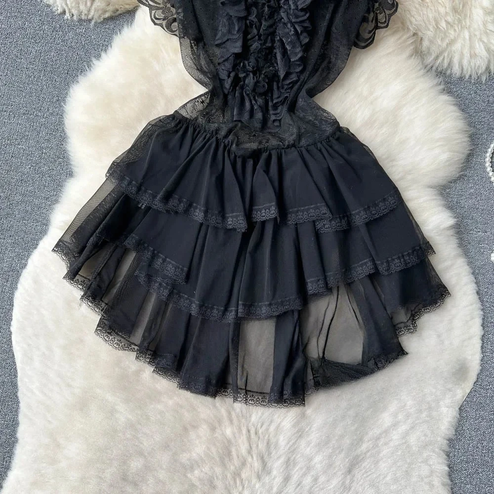 Ruffles Sweet Cake Lace Dress Women Strap Lace Up Backless Mesh Sexy Fashion Party Mini Comfortable Dress