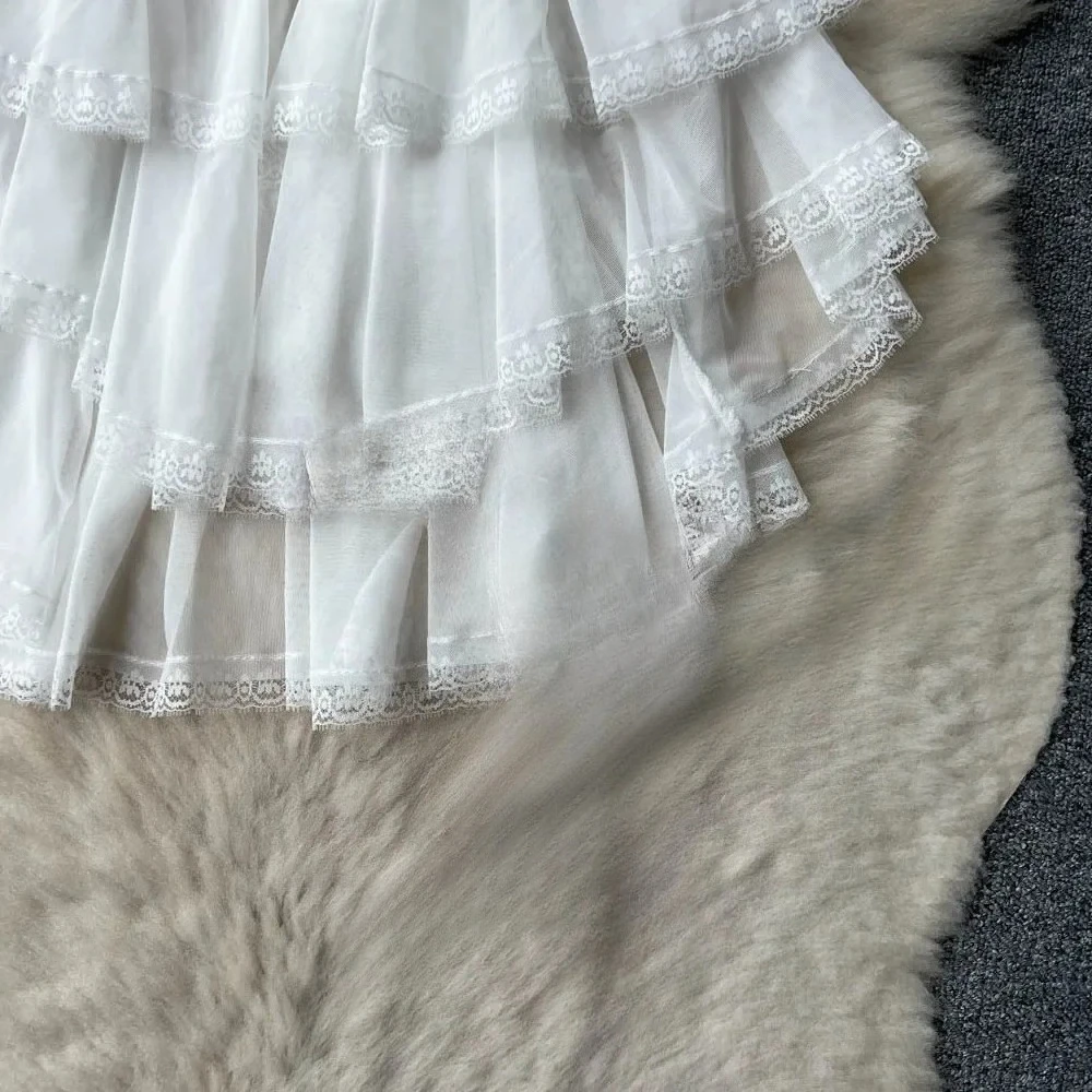 Ruffles Sweet Cake Lace Dress Women Strap Lace Up Backless Mesh Sexy Fashion Party Mini Comfortable Dress