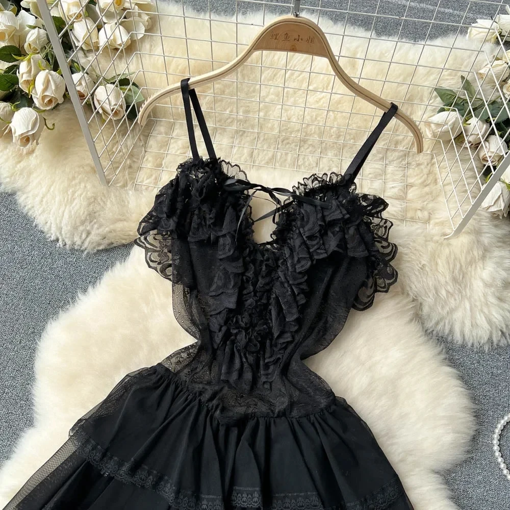 Ruffles Sweet Cake Lace Dress Women Strap Lace Up Backless Mesh Sexy Fashion Party Mini Comfortable Dress