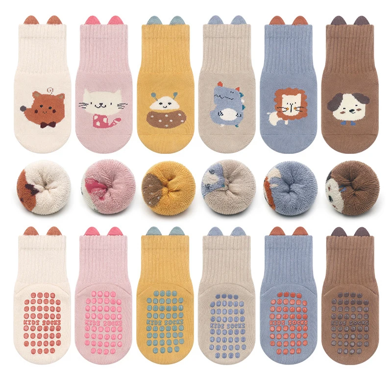 6 Pairs Cute Cartoon-Pattern Baby Anti-Slip Socks, Kid's Thick Looped Material Floor Socks, Warm Walking Socks
