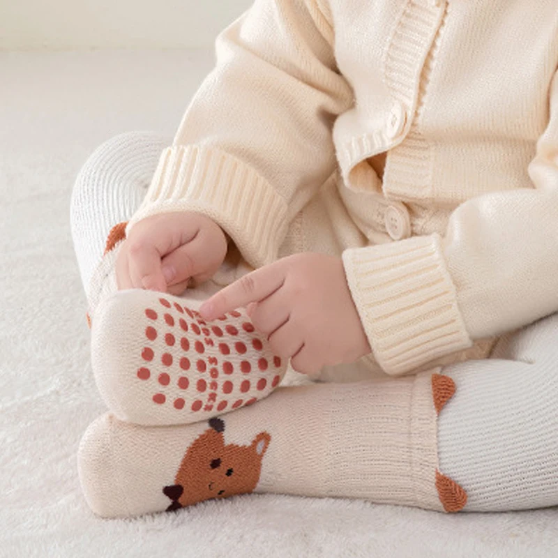 6 Pairs Cute Cartoon-Pattern Baby Anti-Slip Socks, Kid's Thick Looped Material Floor Socks, Warm Walking Socks
