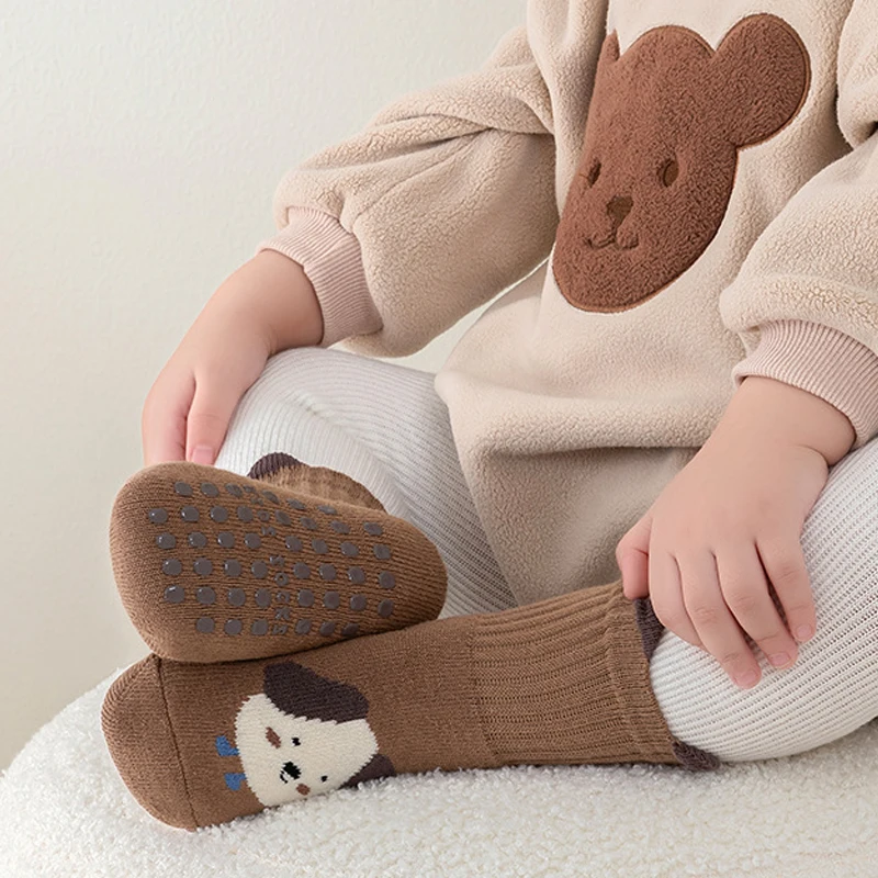 6 Pairs Cute Cartoon-Pattern Baby Anti-Slip Socks, Kid's Thick Looped Material Floor Socks, Warm Walking Socks