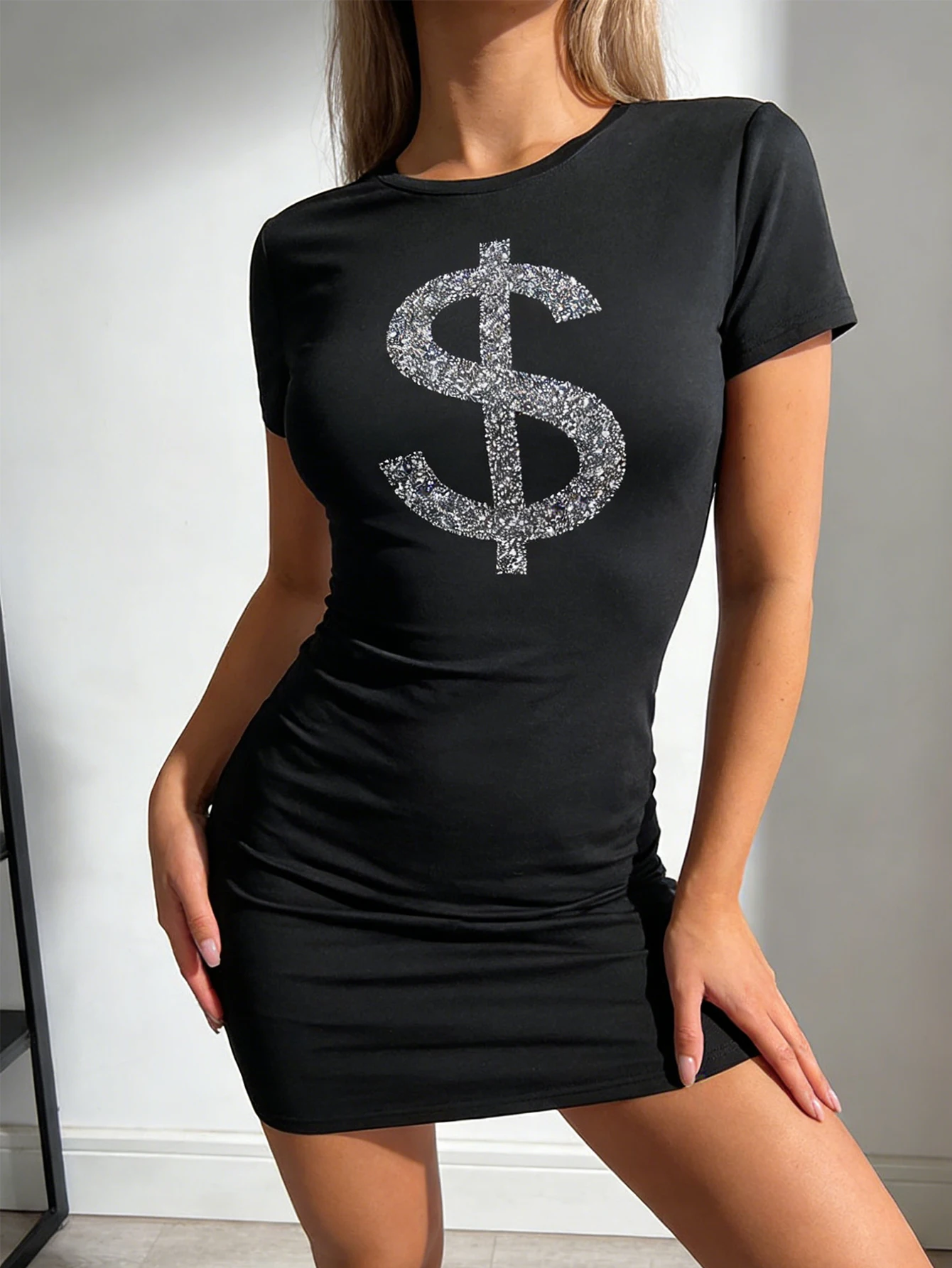 Lady's Elegant Dollar Sign Pattern Printed Dress - Machine Washable, Suitable for All Seasons, Fashionable and Luxurious