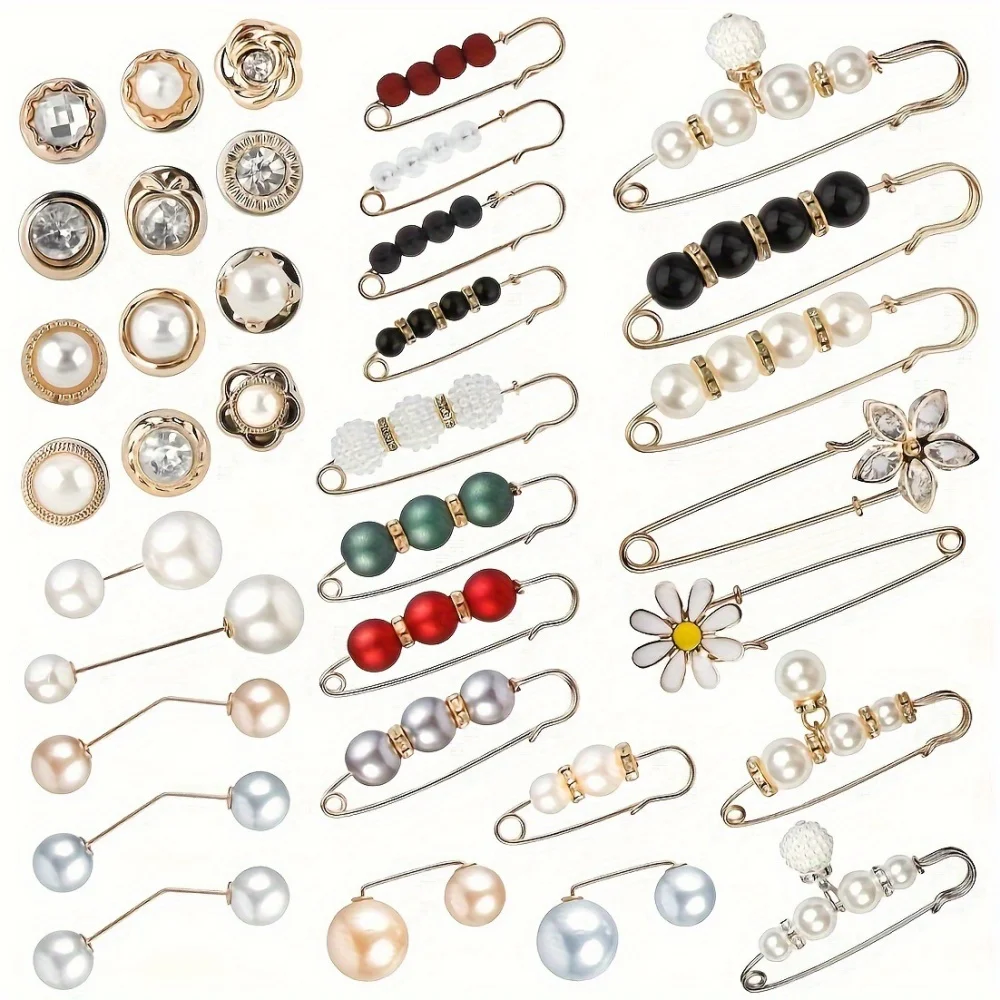 40-Pack Mixed Style Anti-exposure Brooch Button Set, Exquisite Versatile Style, Suitable for Waist Cinching / Neckline Security