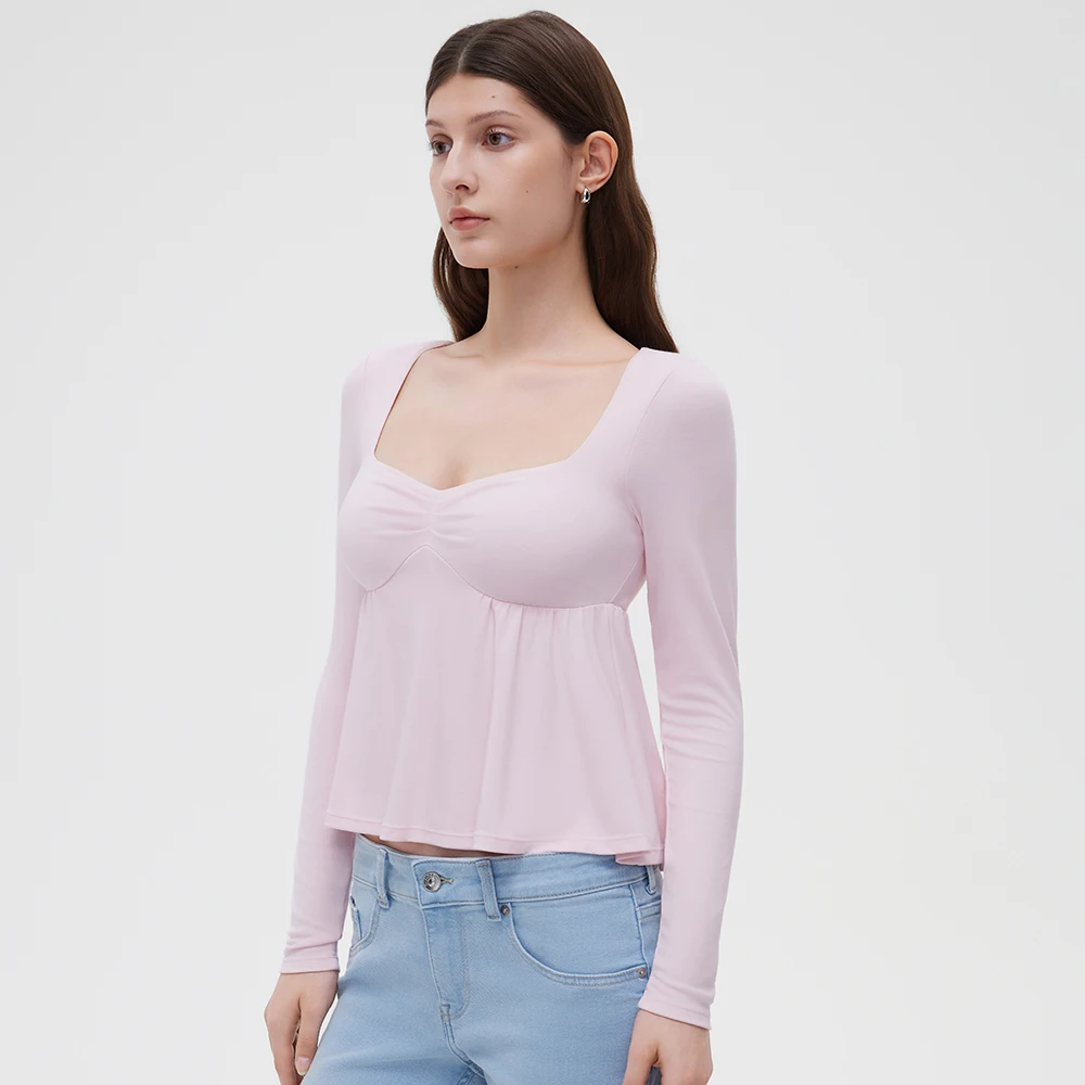 Women Fairy Y2k Cottage T-shirt Coquette Square Neck Long Sleeve Babydoll Tees Autumn Spring Vintage Clothes Casual Pullover Top
