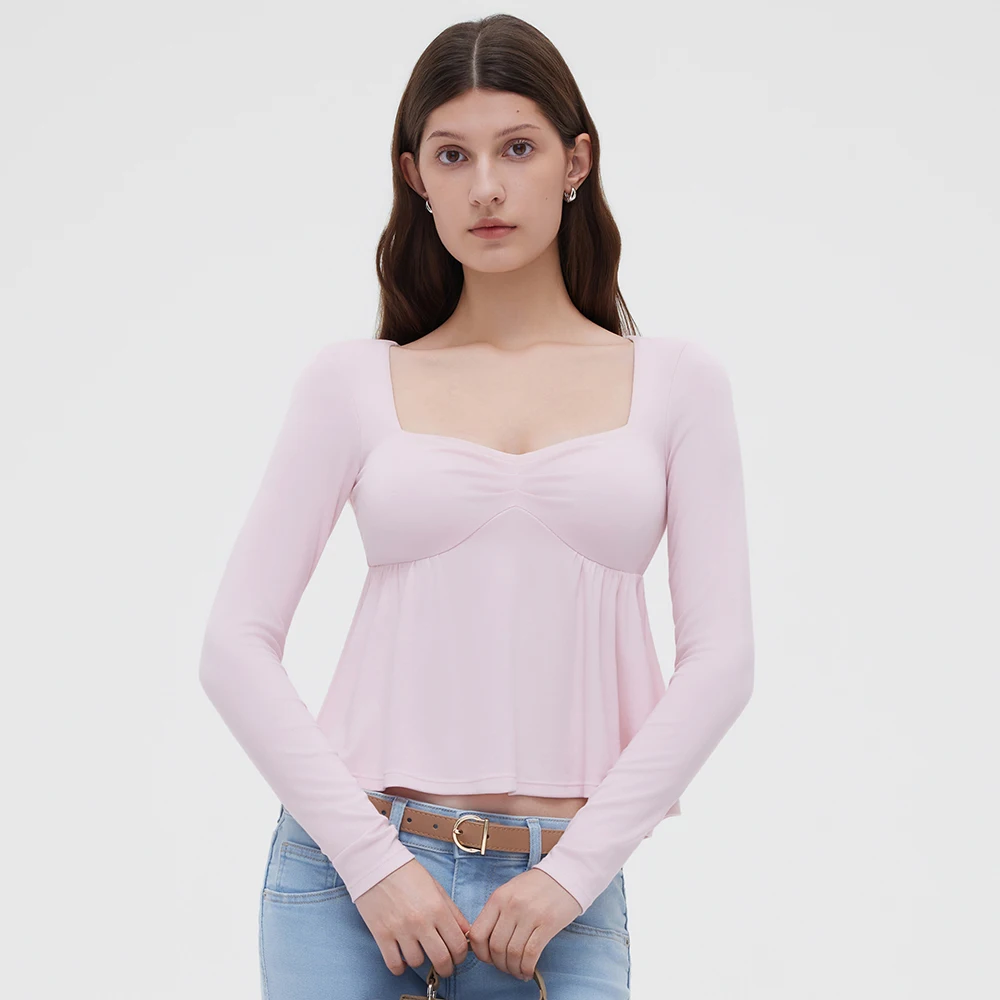 Women Fairy Y2k Cottage T-shirt Coquette Square Neck Long Sleeve Babydoll Tees Autumn Spring Vintage Clothes Casual Pullover Top