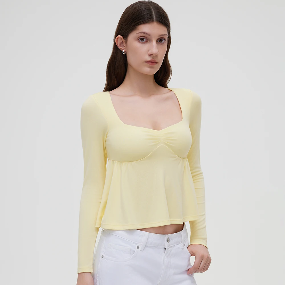 Women Fairy Y2k Cottage T-shirt Coquette Square Neck Long Sleeve Babydoll Tees Autumn Spring Vintage Clothes Casual Pullover Top