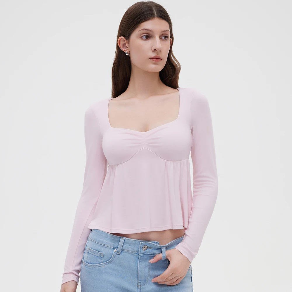 Women Fairy Y2k Cottage T-shirt Coquette Square Neck Long Sleeve Babydoll Tees Autumn Spring Vintage Clothes Casual Pullover Top