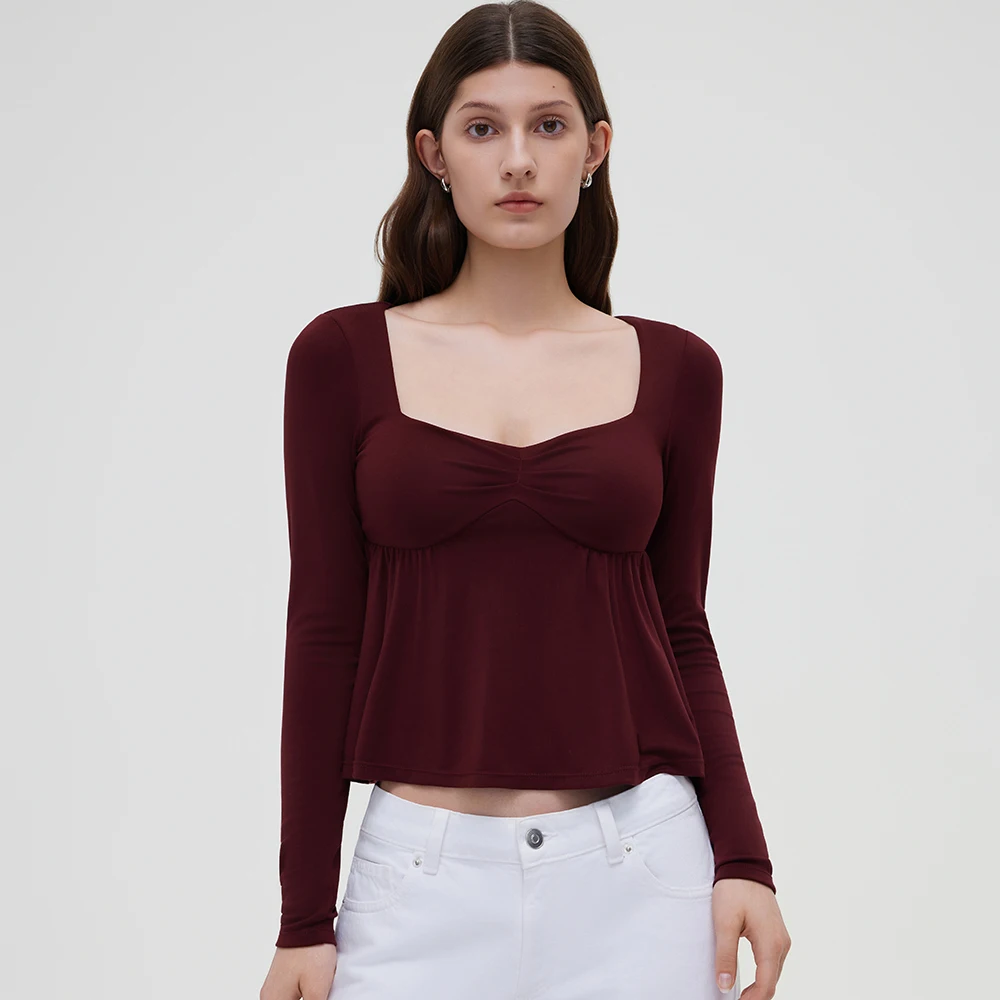Women Fairy Y2k Cottage T-shirt Coquette Square Neck Long Sleeve Babydoll Tees Autumn Spring Vintage Clothes Casual Pullover Top
