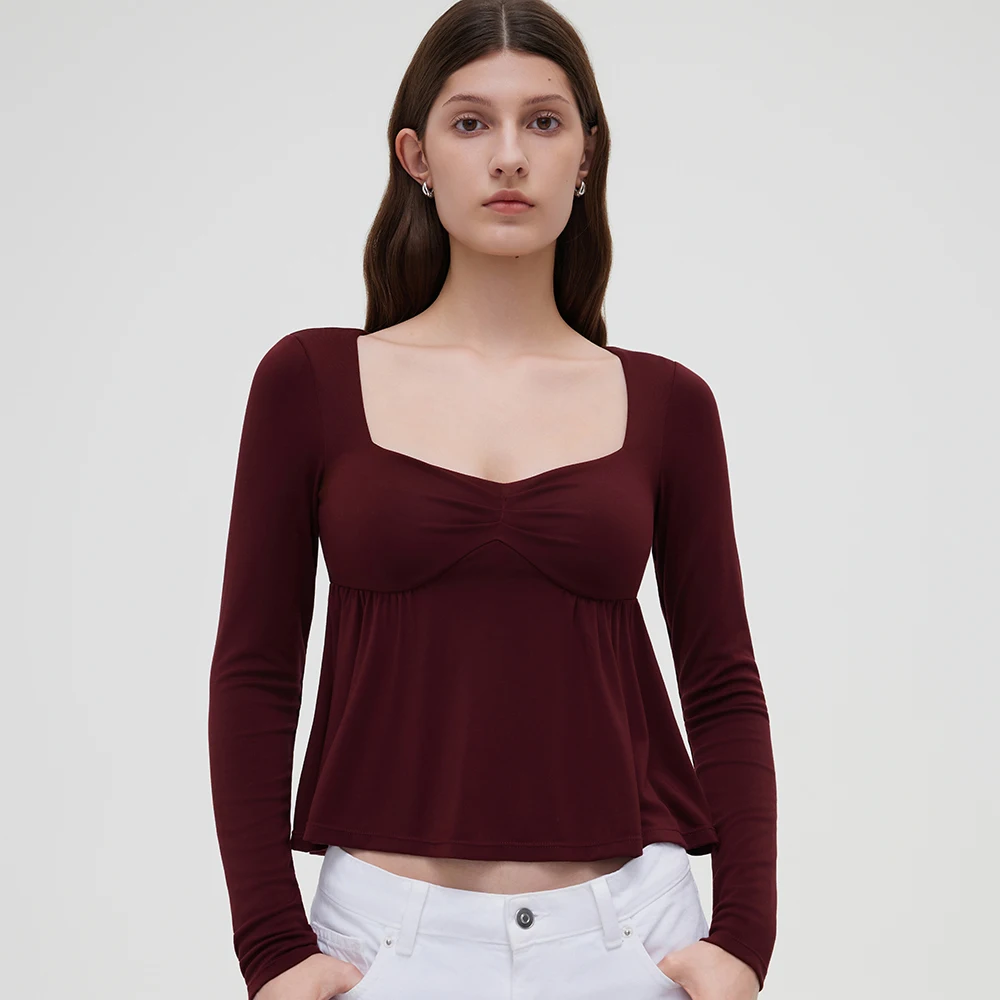 Women Fairy Y2k Cottage T-shirt Coquette Square Neck Long Sleeve Babydoll Tees Autumn Spring Vintage Clothes Casual Pullover Top