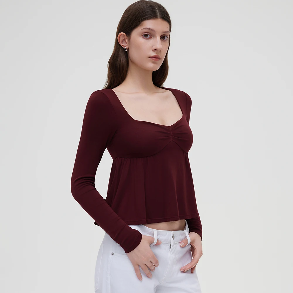 Women Fairy Y2k Cottage T-shirt Coquette Square Neck Long Sleeve Babydoll Tees Autumn Spring Vintage Clothes Casual Pullover Top