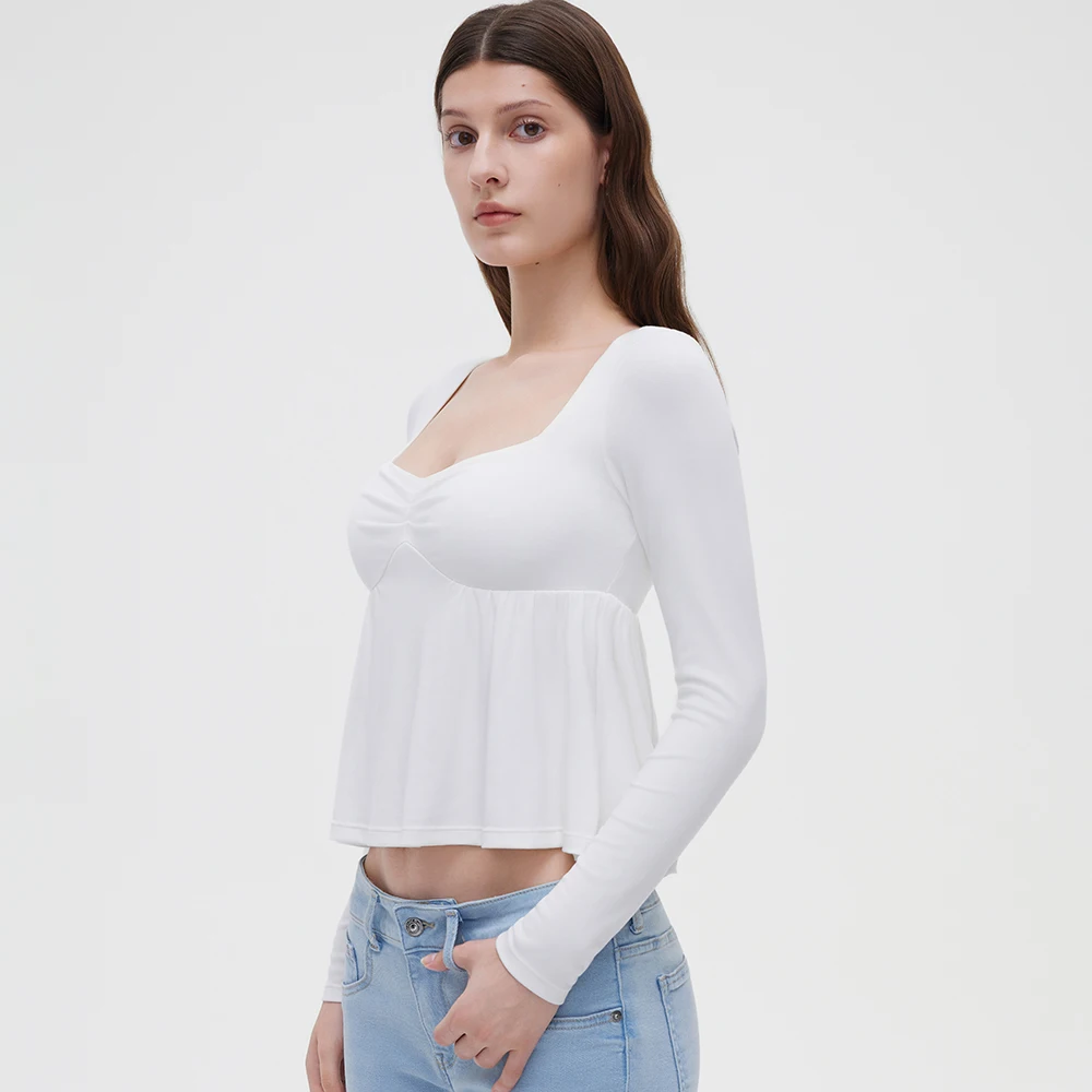 Women Fairy Y2k Cottage T-shirt Coquette Square Neck Long Sleeve Babydoll Tees Autumn Spring Vintage Clothes Casual Pullover Top