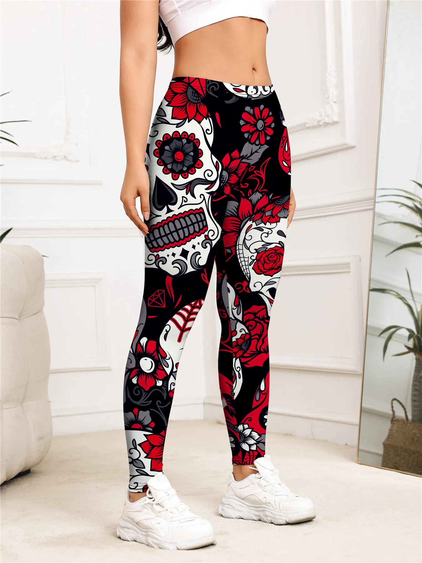 Ladies' high-waisted skeleton rose print elastic breathable fitness outdoor sports base pants