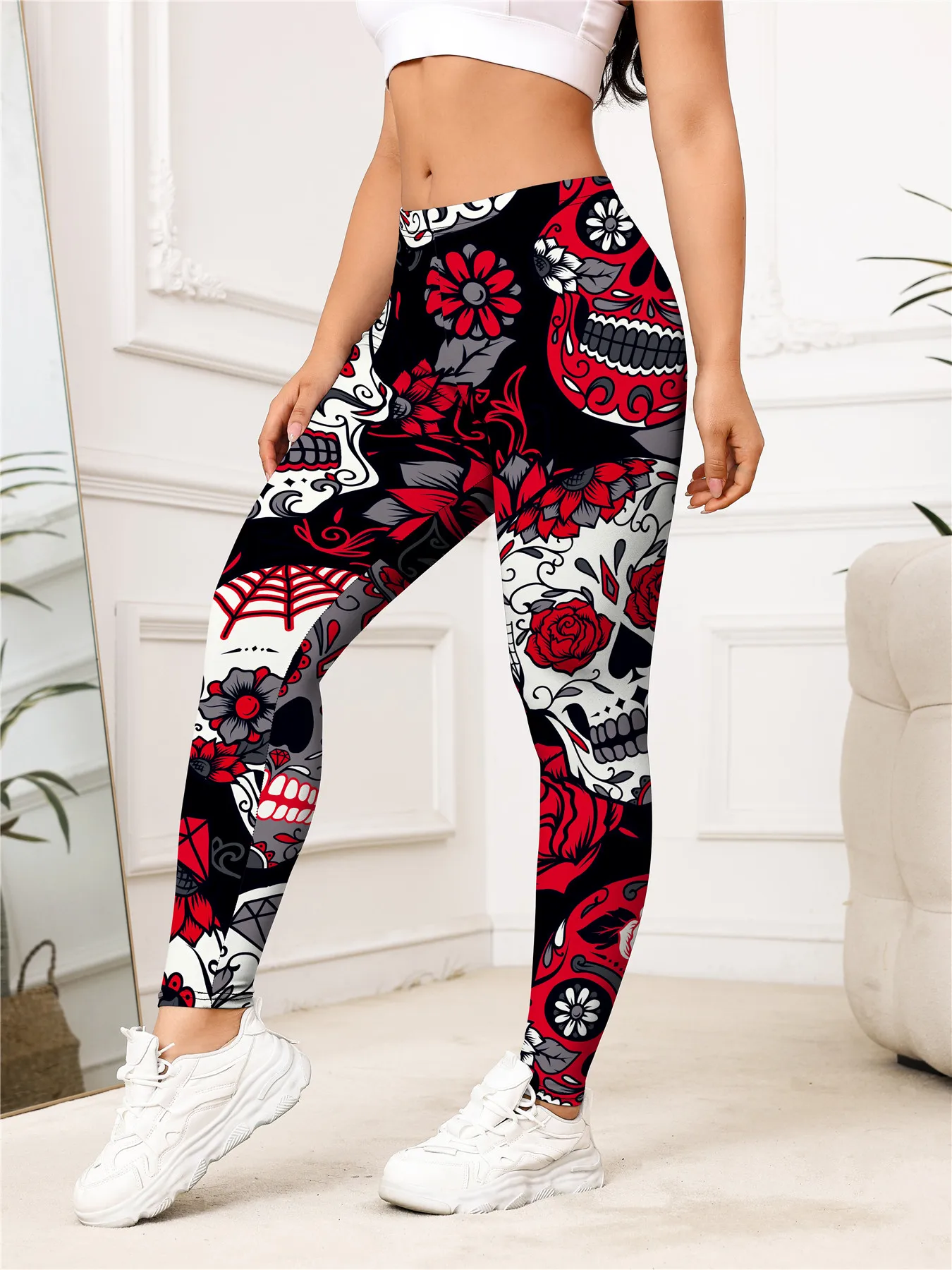Ladies' high-waisted skeleton rose print elastic breathable fitness outdoor sports base pants