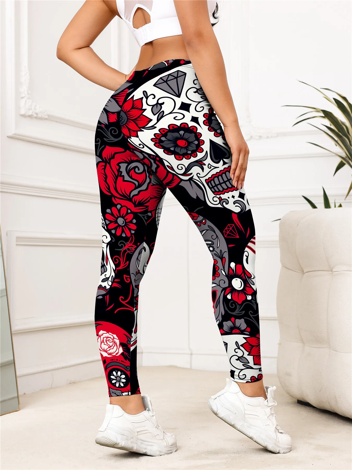 Ladies' high-waisted skeleton rose print elastic breathable fitness outdoor sports base pants