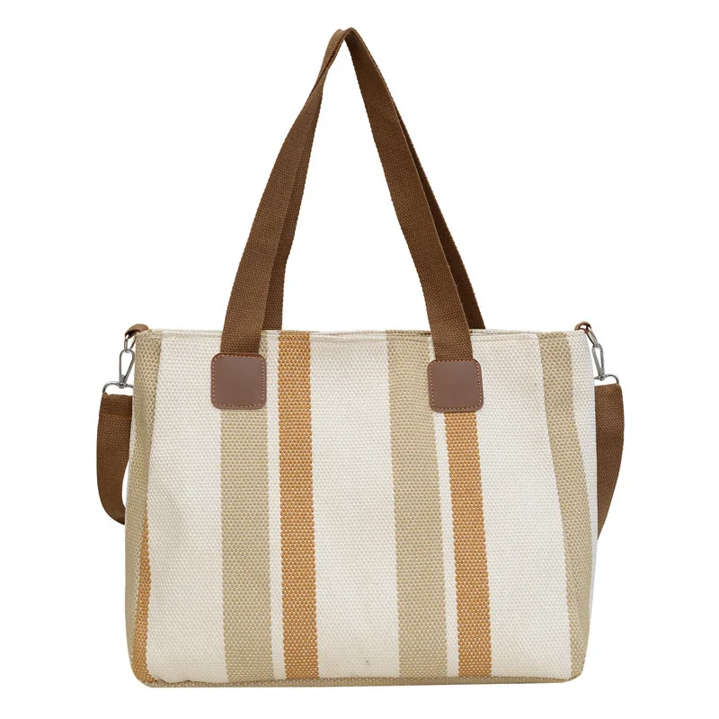 New style Big bag, women's new striped canvas bag, commuting tote bag, trendy single shoulder crossbody bag, versatile mommy bag