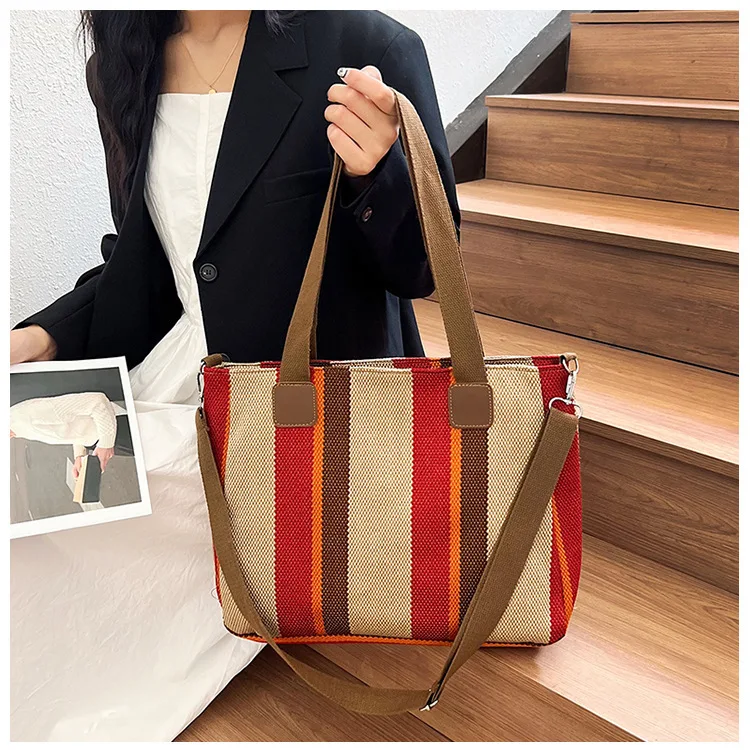New style Big bag, women's new striped canvas bag, commuting tote bag, trendy single shoulder crossbody bag, versatile mommy bag