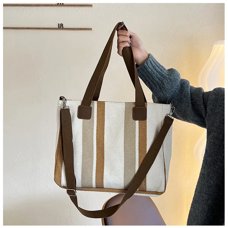 New style Big bag, women's new striped canvas bag, commuting tote bag, trendy single shoulder crossbody bag, versatile mommy bag